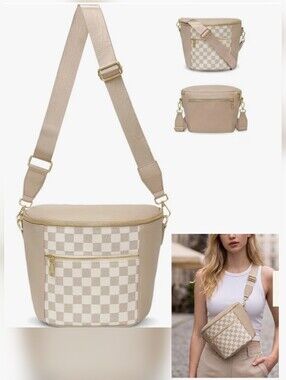 Beige Checker Accent Crossbody Bucket Bag